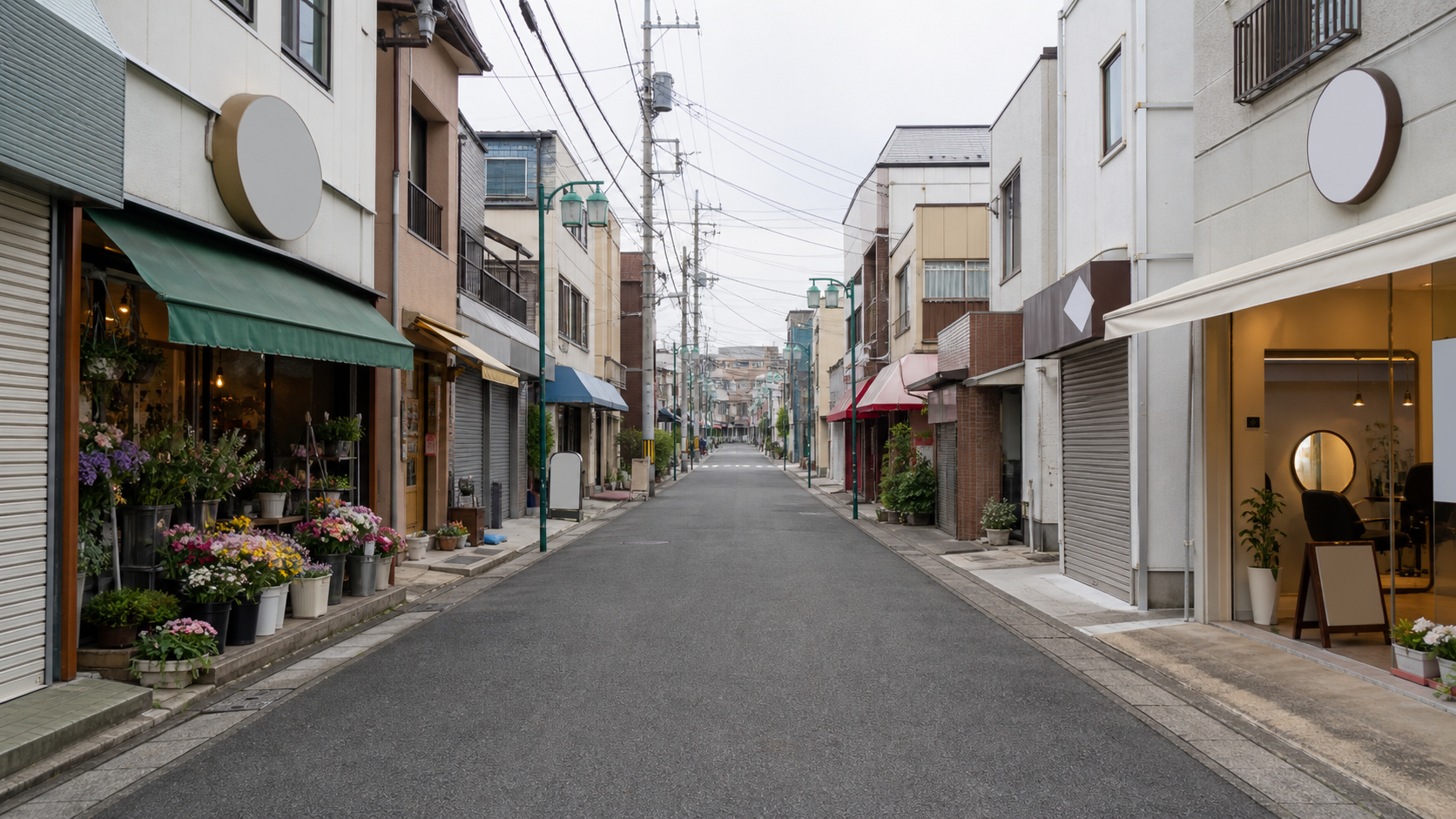 個人店が並ぶ商店街の通り。シャッターが閉まった店と開いている店が混在している